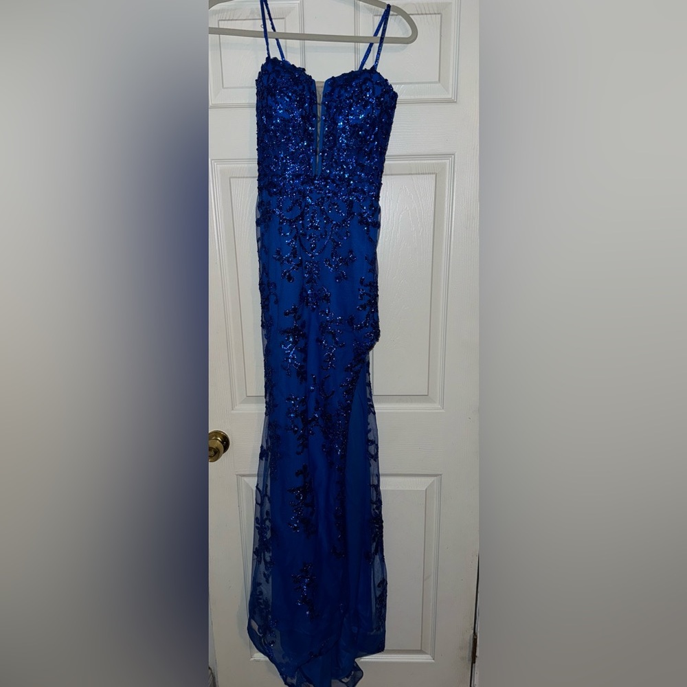 Royal blue prom dress, corset top cinches in the back, high slit, size 00,